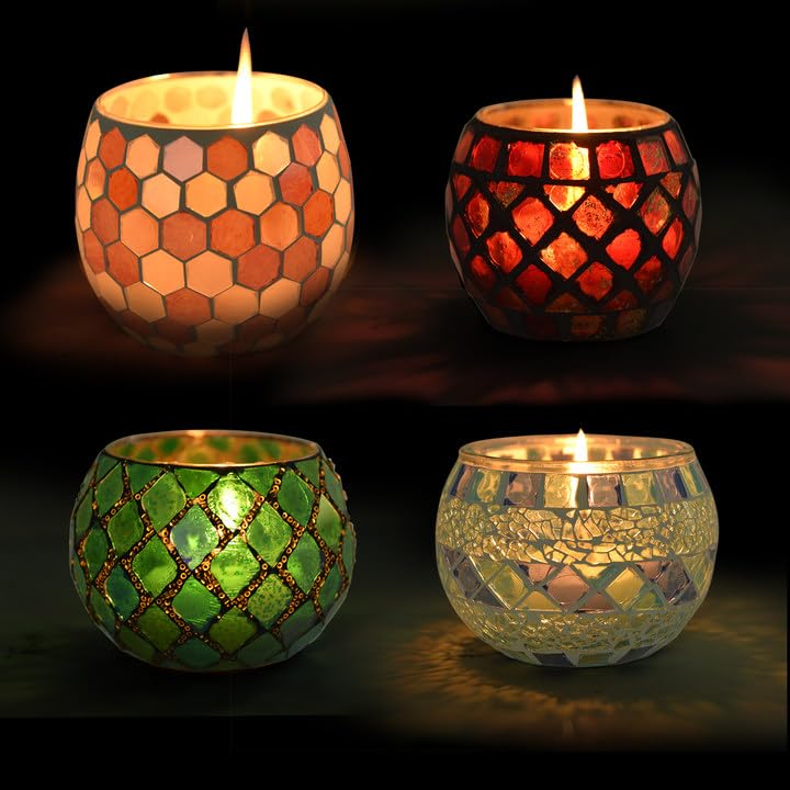Votive Candle Holder Tea Lights - Glass Candle Holders Mosaic Tealight Candle Holder Candle Jar Cup for Wedding Centerpiece Party Table Decorations Valentines Day Decor