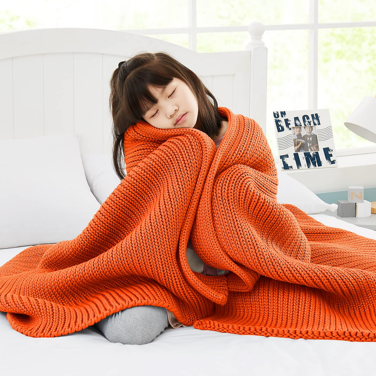Guohaoi Knitted Weighted Blanket(Orange 50"x60" 7lbs)Home Décor Cooling Throw Blanket for Hot SleepersHand Made Chunky Knit Heavy Blanket Use on Twin Size Bed