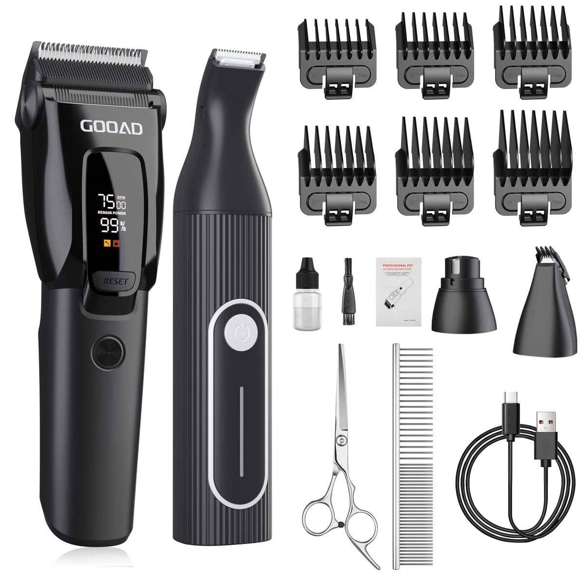 Gooad Dog Grooming Clippers for Thick Coats 3-Speed Professional Cordless Quiet Dog Clippers for Grooming with Metal Blades and Pet Hair Clippers for Dogs Paws Low Noise Pet Grooming Kit