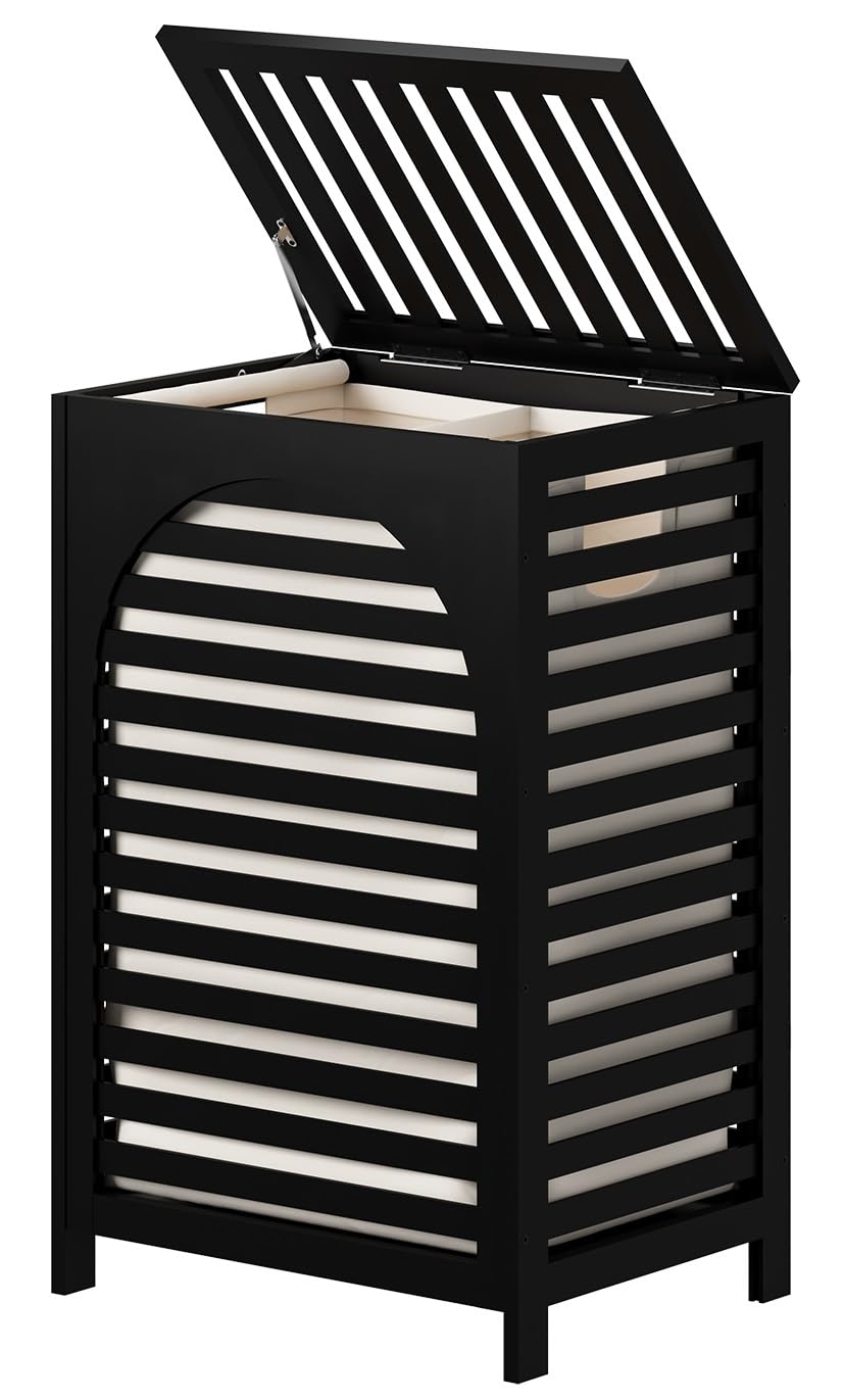 Black Laundry Hamper Laundry Hamper with Lid 22.5 Gallon (85L) Bamboo Wood Clothes Laundry Basket with Lid and Handles Removable Liner